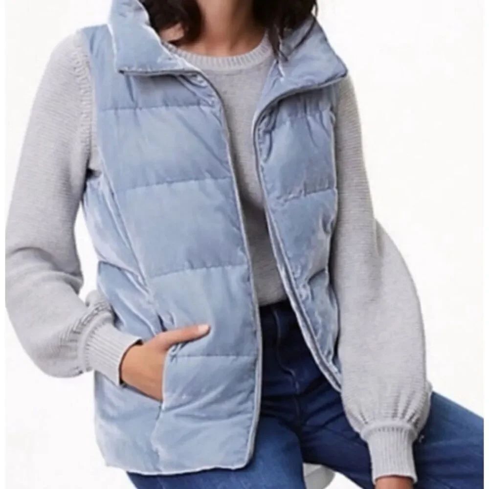 Loft Womens Crushed Velvet Blue Puffer Vest Size Small